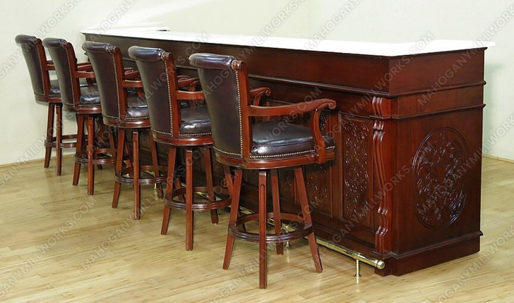 14ft Mahogany Marble Top Pub Bar Front w/ 5 Bar Stools Set