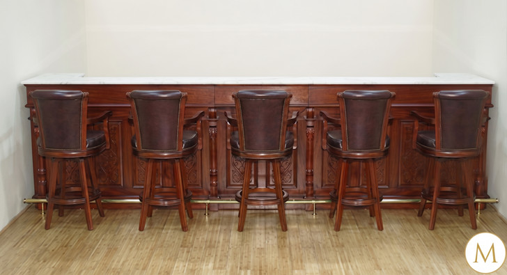 14ft Red Mahogany Edwardian Club Bar  w/ 5 Leather Barstools