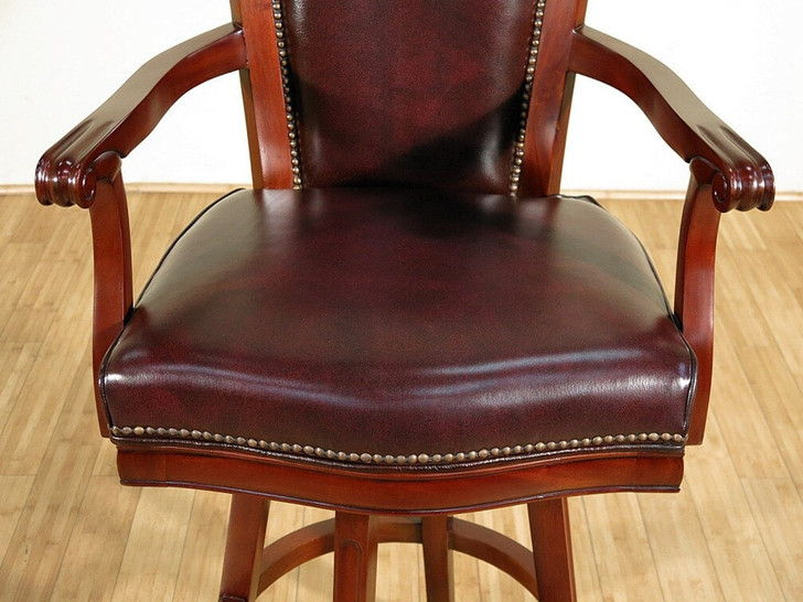 Solid Mahogany Burgundy Leather Upholstered Swivel Bar Stool