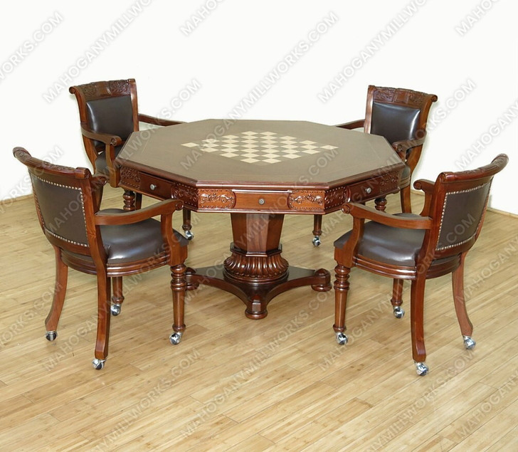 5pc Mahogany Poker/Game Table Set w/ 4 Leather Chairs