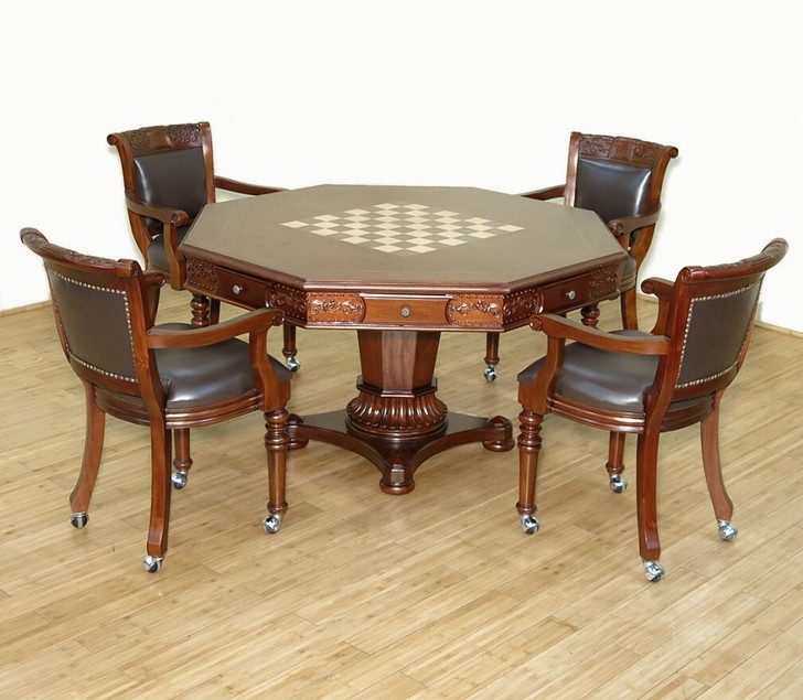 5pc Mahogany Poker/Game Table Set w/ 4 Leather Chairs