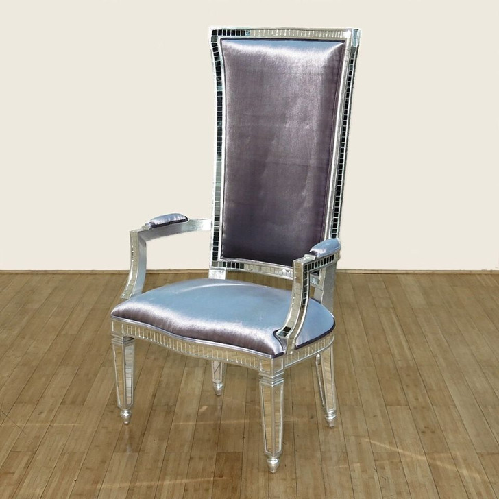 Silver Mirrored High Back Upholstered Arm Chair