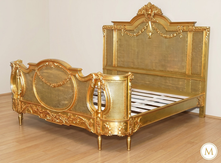 Antiqued Gold Leaf & Rattan Regency Bed