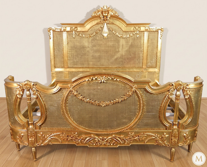 Antiqued Gold Leaf & Rattan Regency Bed