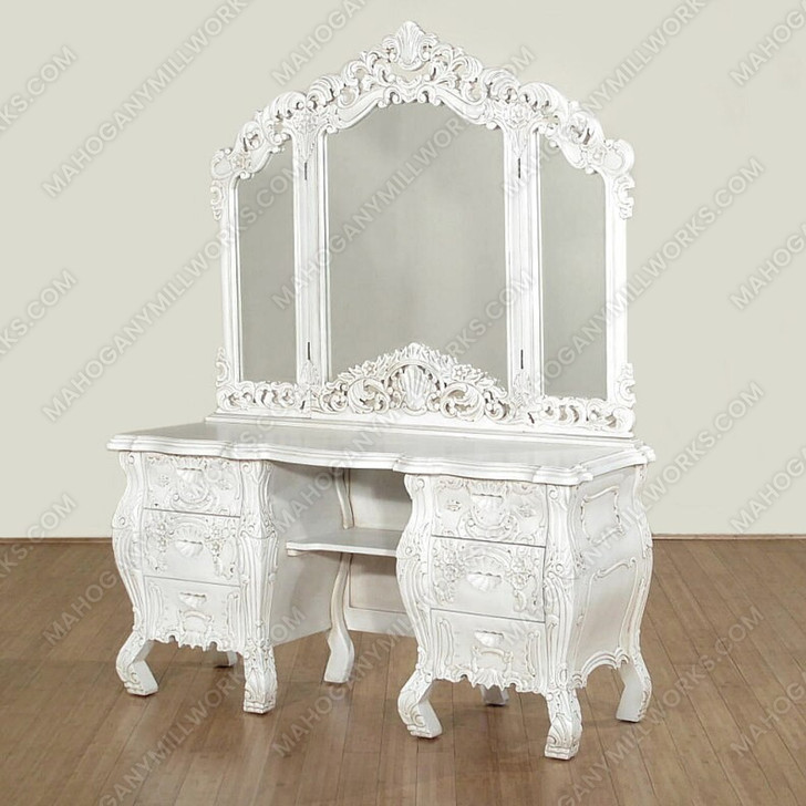 Distressed White French Rococo Vanity Dresser w/ Trifold Mirror