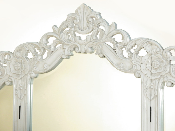 Distressed White French Rococo Vanity Dresser w/ Trifold Mirror