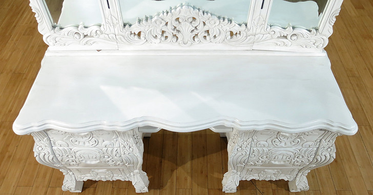 Distressed White French Rococo Vanity Dresser w/ Trifold Mirror