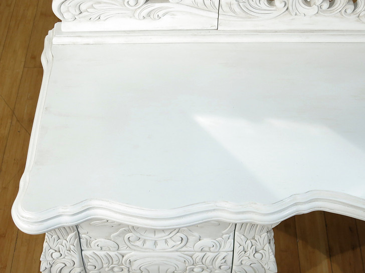 Distressed White French Rococo Vanity Dresser w/ Trifold Mirror