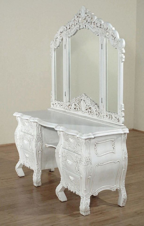 Distressed White French Rococo Vanity Dresser w/ Trifold Mirror