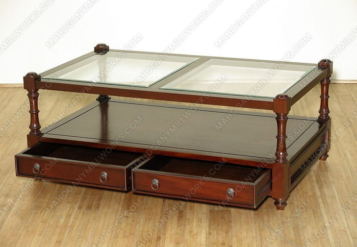 Solid Mahogany 2 Drawer Coffee Table w/ Glass Top & Shelf