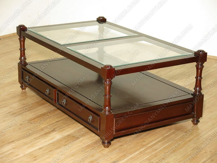 Mahogany 2 Drawer Coffee Table w/ Glass Top & Shelf