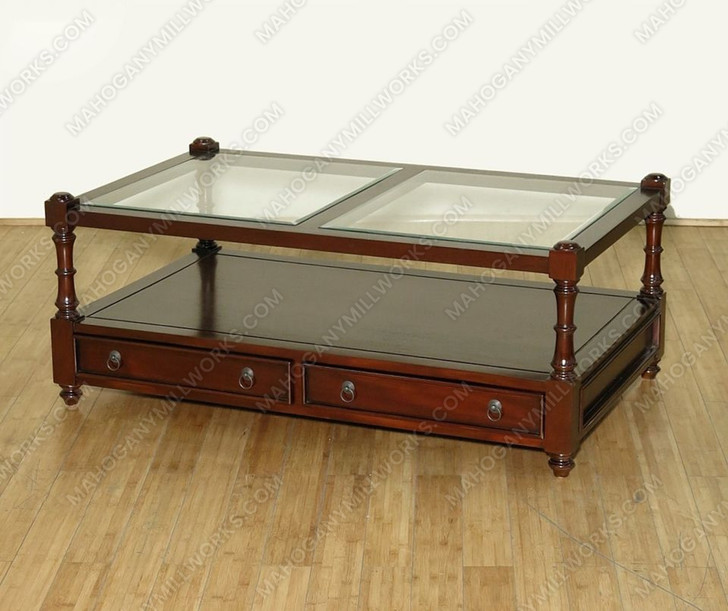 Mahogany 2 Drawer Coffee Table w/ Glass Top & Shelf