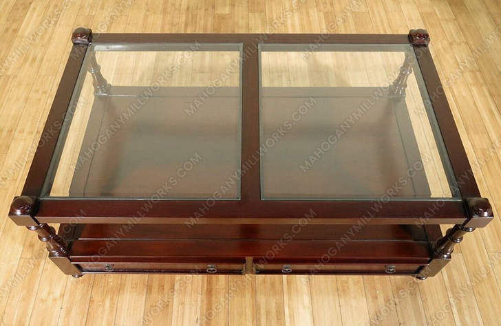 Mahogany 2 Drawer Coffee Table w/ Glass Top & Shelf