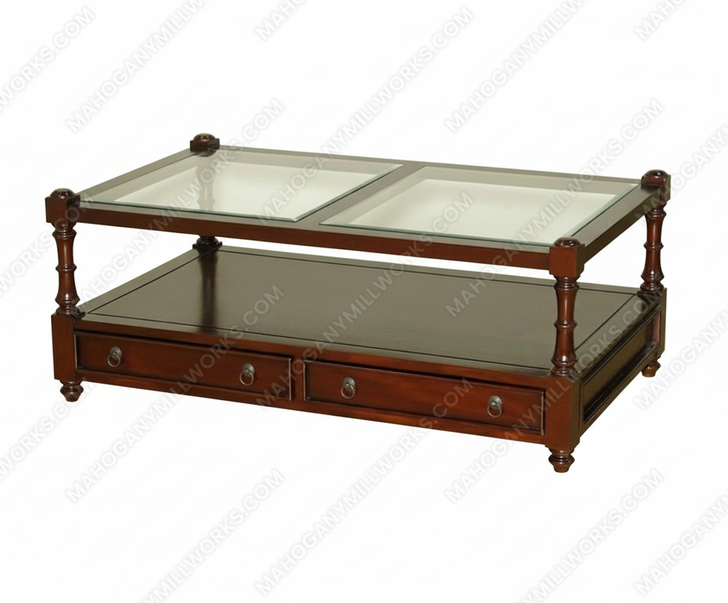 Mahogany 2 Drawer Coffee Table w/ Glass Top & Shelf