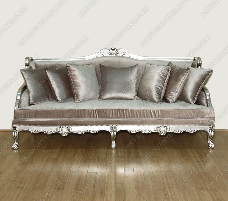 6ft Antiqued Silver Upholstered Sofa  w/ Throw Pillows