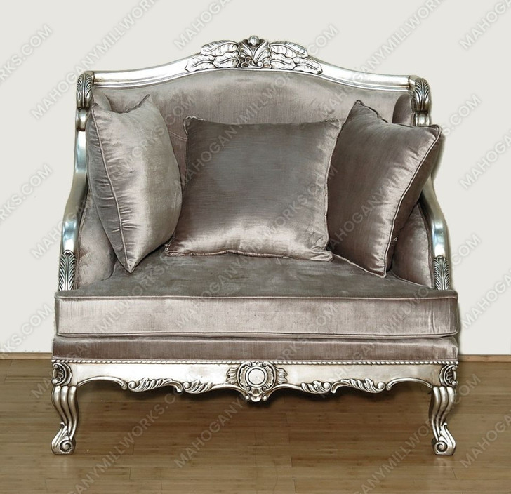 Antiqued Silver Upholstered Chair w/ Throw Pillows