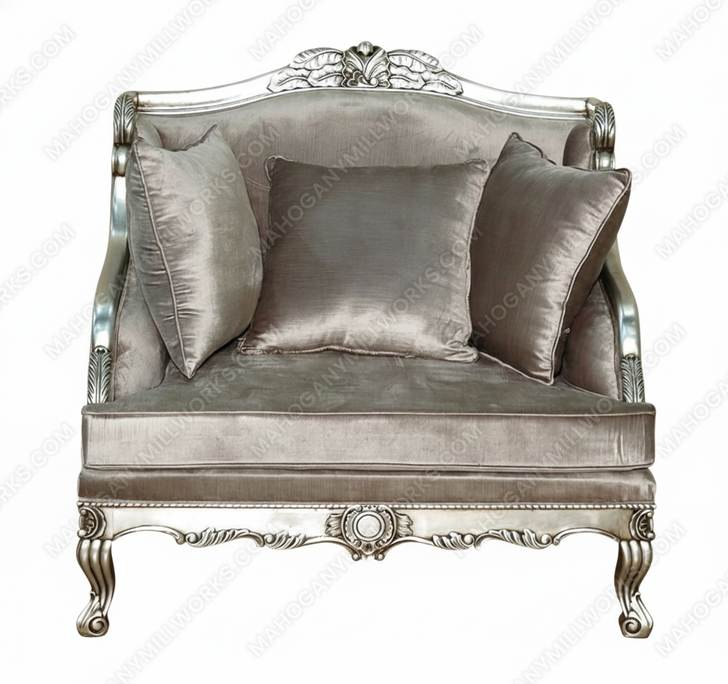 Antiqued Silver Upholstered Chair w/ Throw Pillows