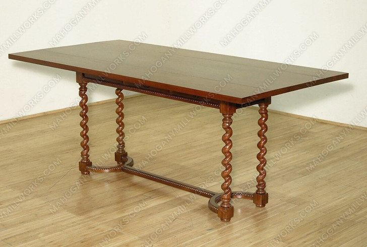 6Ft Light Walnut Barley Twist Console Table w/ Folding Top Leaves