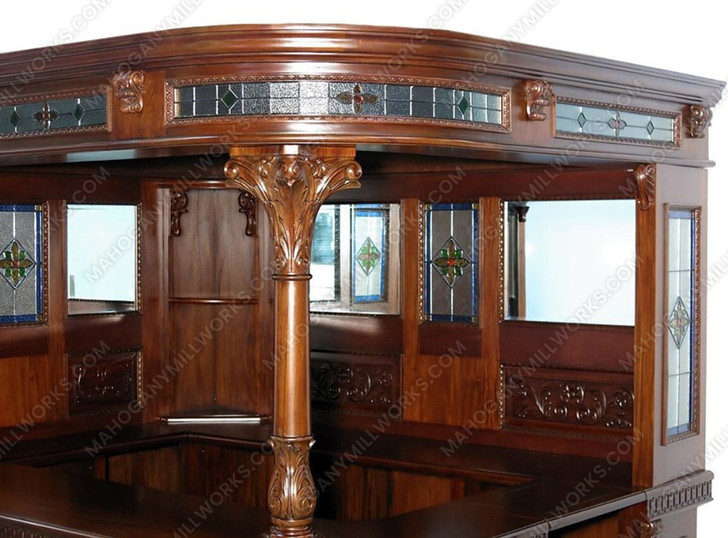 8ft Carved Mahogany Corner Canopy Bar w/ Stained Glass