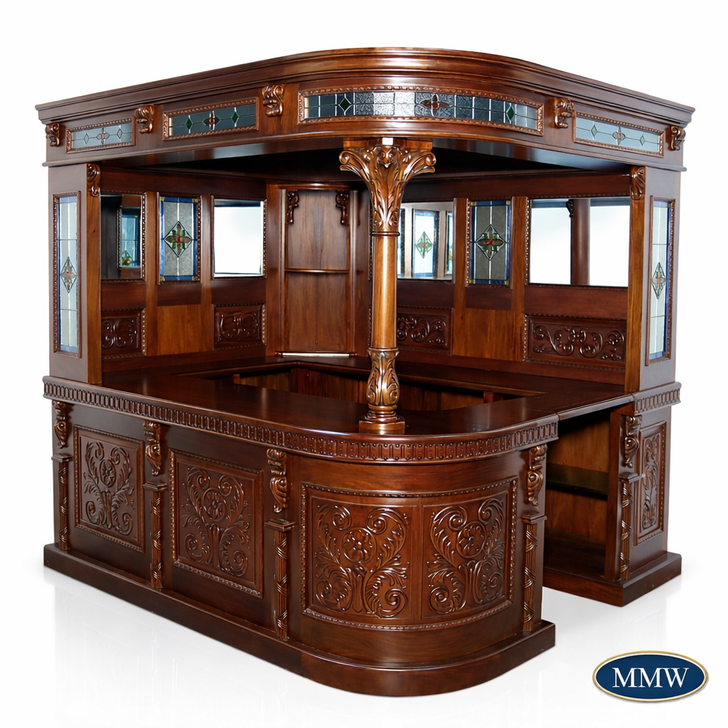 8ft Carved Mahogany Corner Canopy Bar w/ Stained Glass