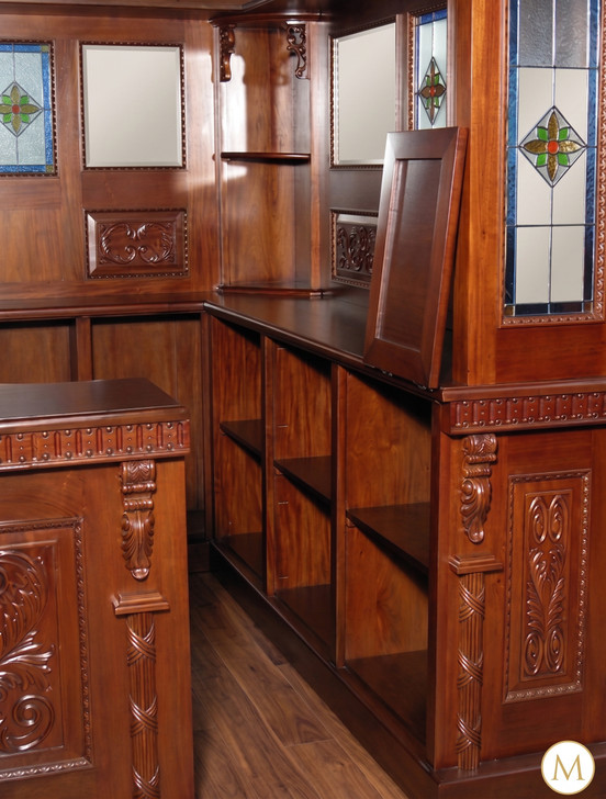 8ft Carved Mahogany Corner Canopy Bar w/ Stained Glass