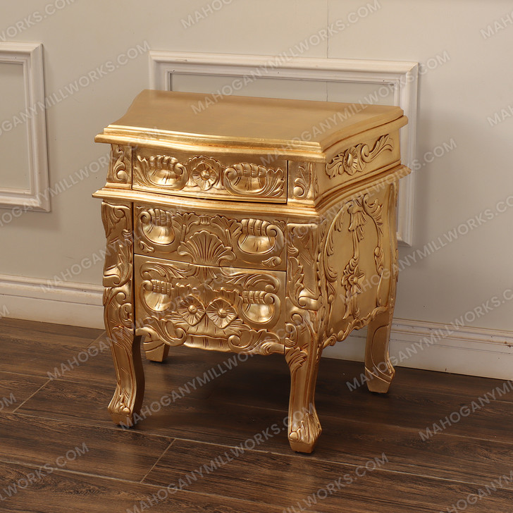 Gold Leaf Rococo 3 Drawer Nightstand / Bedside Table / Chest