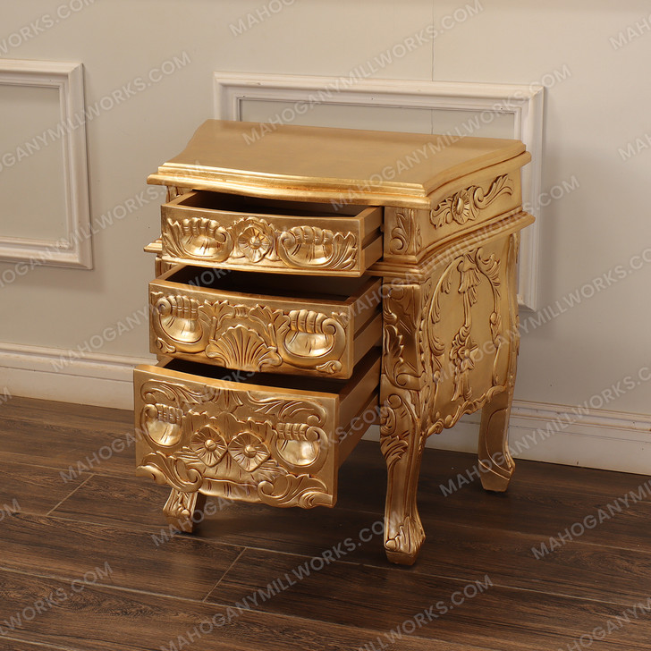 Gold Leaf Rococo 3 Drawer Nightstand / Bedside Table / Chest