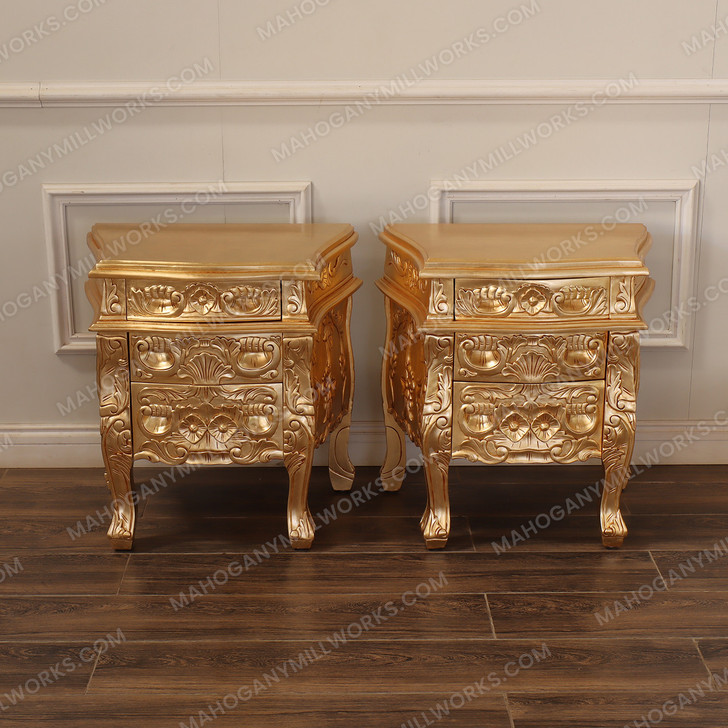 Gold Leaf Rococo 3 Drawer Nightstand / Bedside Table / Chest