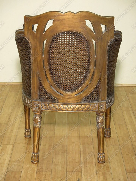 Antiqued Gold & Rattan French Style Floral Occasional Arm Chair