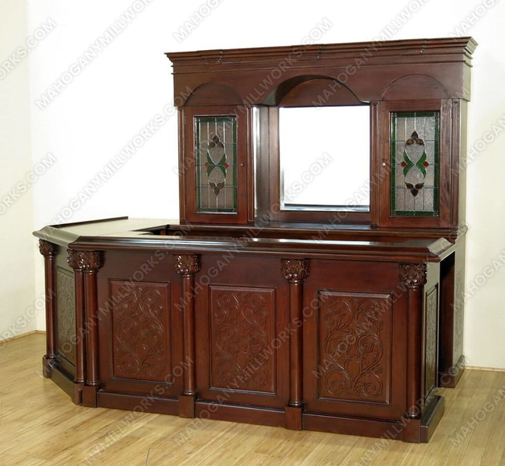 9.5ft Solid Mahogany Home Pub Bar w/ Lead Glazed Stained Glass