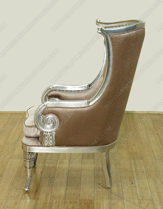 Antiqued Silver Leaf Finish Upholstered Accent Wingback Arm Chair