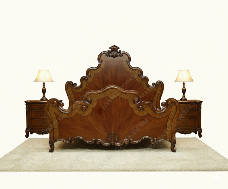 Solid Mahogany Inlaid Eastern King Carved Bed w/ Scrolls