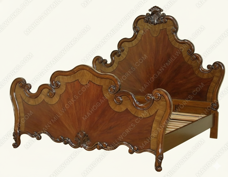 Solid Mahogany Inlaid Eastern King Carved Bed w/ Scrolls