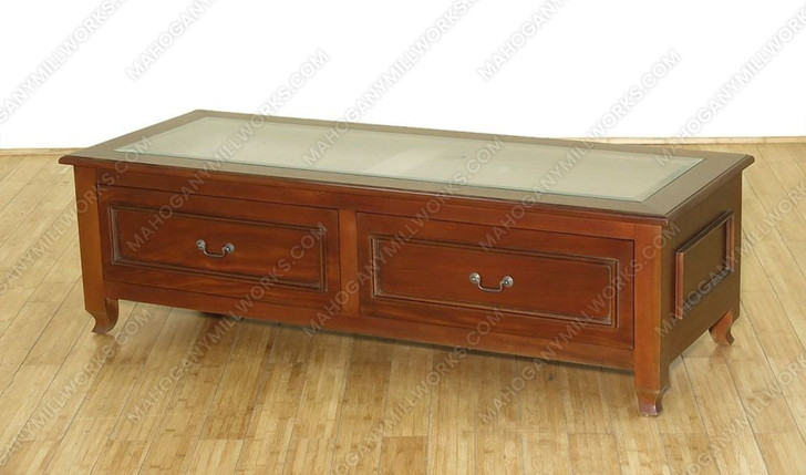 5ft Distressed Walnut 2 Drawer Rectangular Coffee Table w/ Glass Top