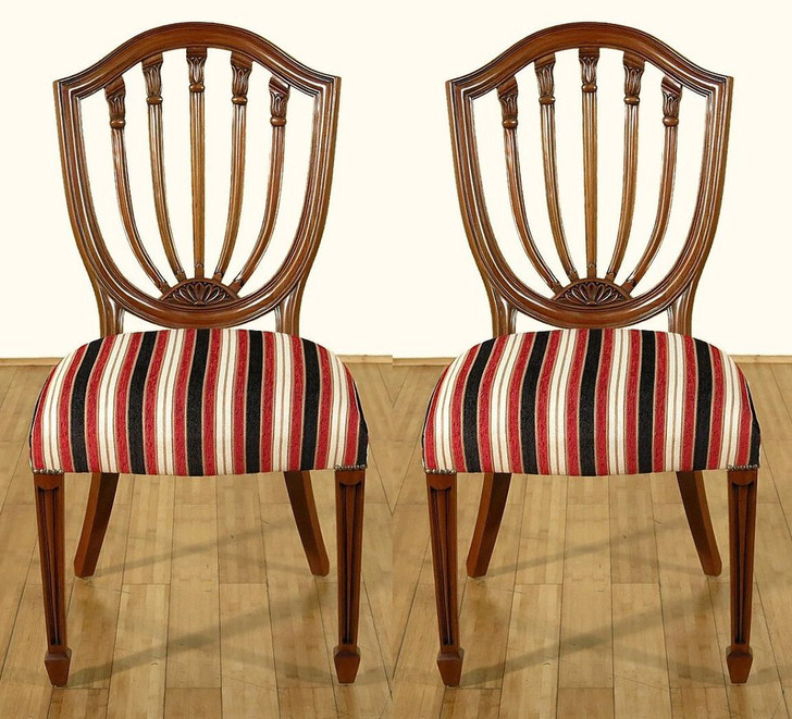 Pair of 2 Solid Mahogany Hepplewhite Shield Back Striped Side Chairs