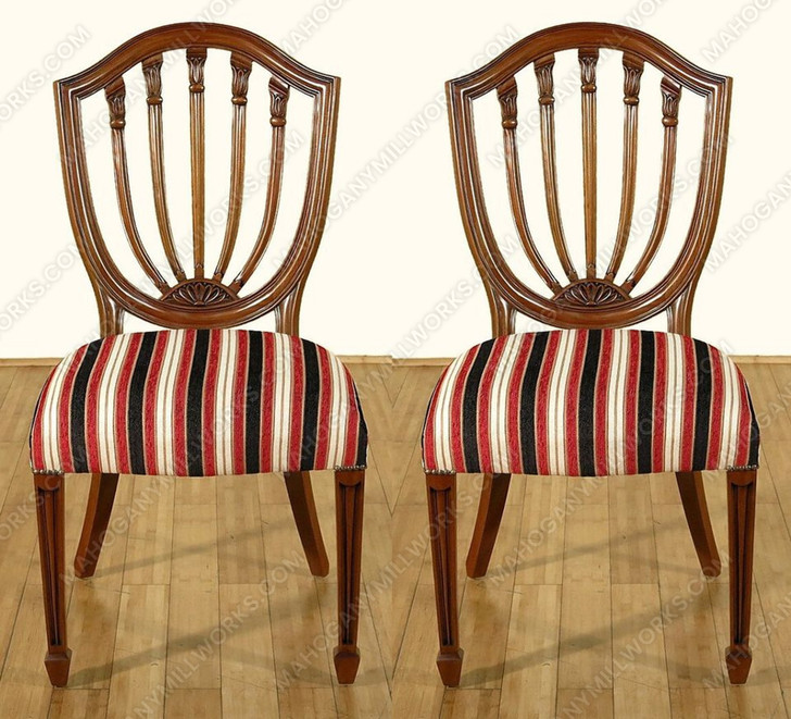 Pair of 2 Solid Mahogany Hepplewhite Shield Back Striped Side Chairs