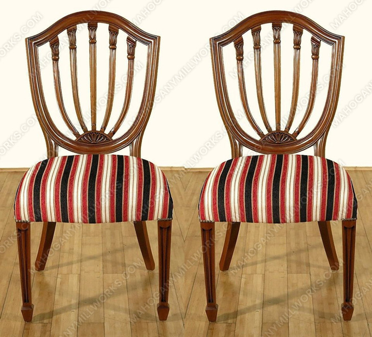 Pair of 2 Solid Mahogany Hepplewhite Shield Back Striped Side Chairs