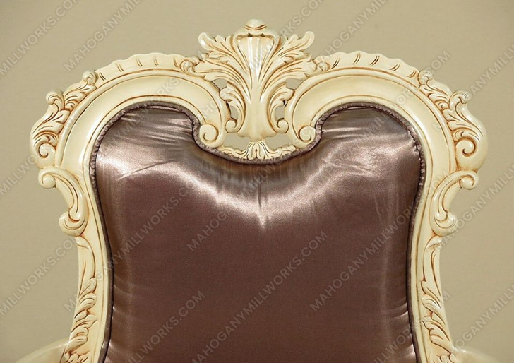 Antiqued Cream Rococo Carved Satin Upholstered Arm Chairs Set (2)