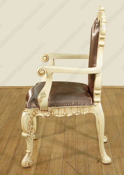 Antiqued Cream Rococo Carved Satin Upholstered Arm Chairs Set (2)