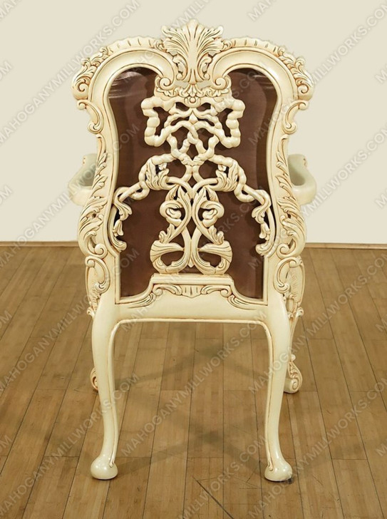 Antiqued Cream Rococo Carved Satin Upholstered Arm Chairs Set (2)