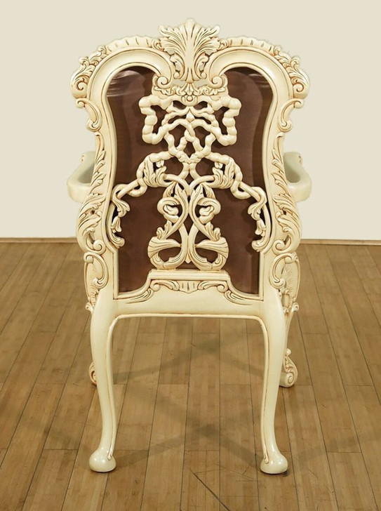Antiqued Cream Rococo Carved Satin Upholstered Arm Chairs Set (2)