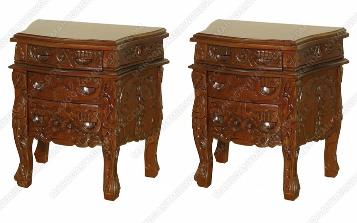 Pair 2 Solid Mahogany Rococo Nightstands / Bedside Tables / Chests