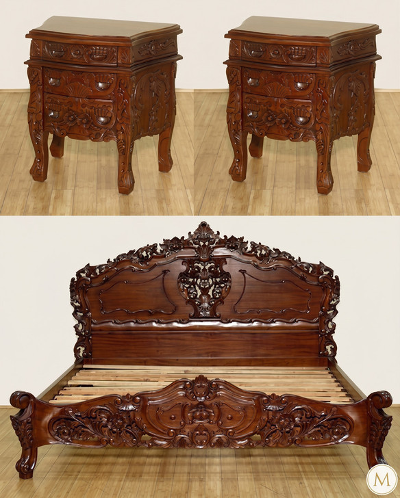 3pc Mahogany Carved Rococo Bedroom Set