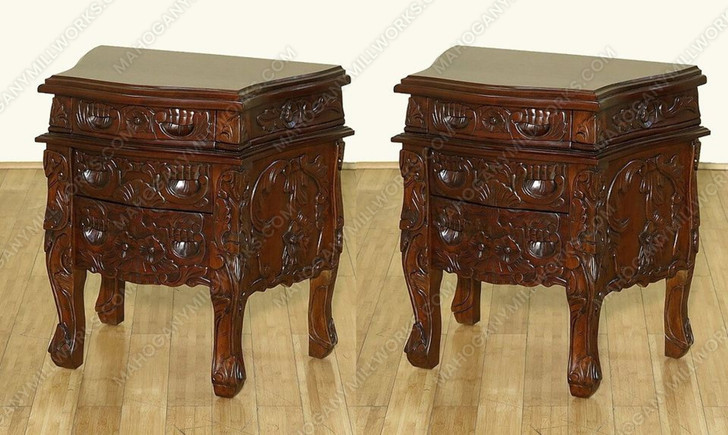 Dark Walnut Rococo 3 Drawer Carved Nightstands / Bedside Table (2)s / Chests