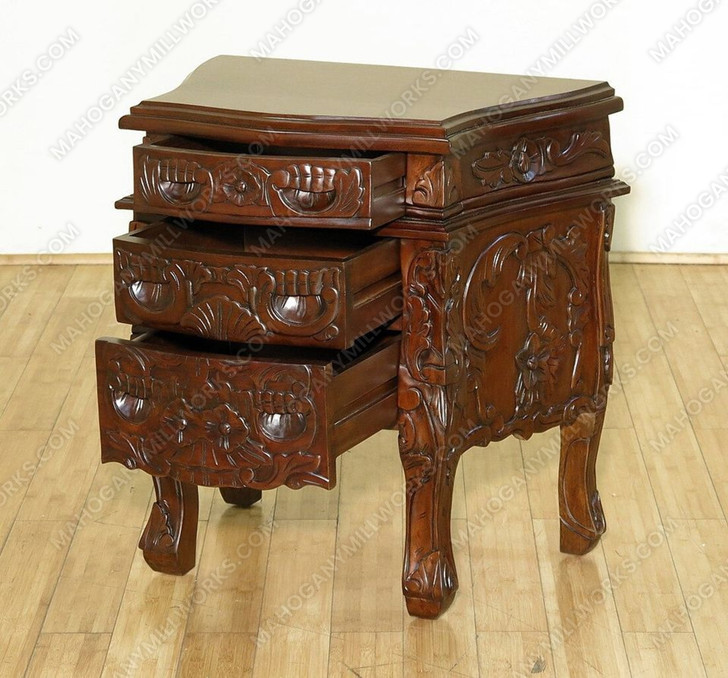 Dark Walnut Rococo 3 Drawer Carved Nightstands / Bedside Table (2)s / Chests