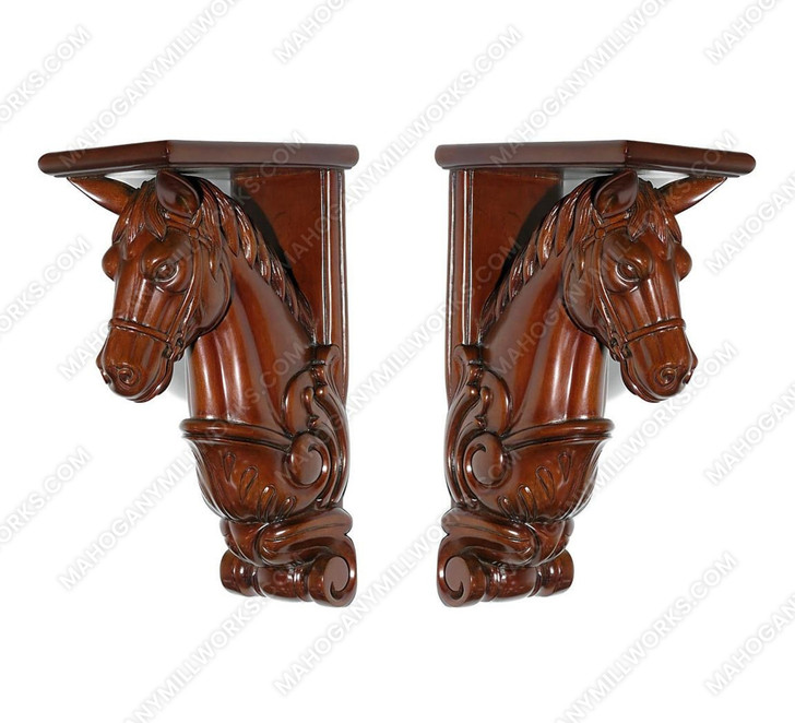 Pair of 2 Solid Mahogany Carved Horse Wall Corbel Sconce w/ Leaves