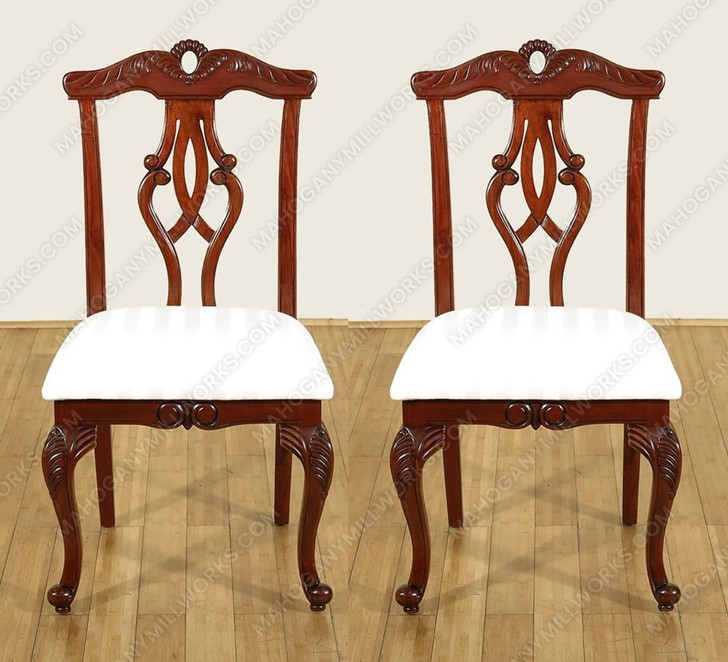 Pair 2 Cherry Chippendale Occasional Accent Side Chairs w/ Cream Fabric