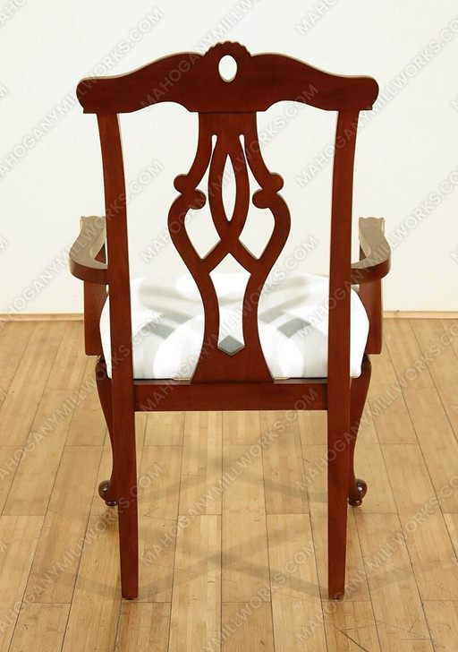 Pair 2 Cherry Chippendale Occasional Accent Arm Chairs w/ Cream Fabric