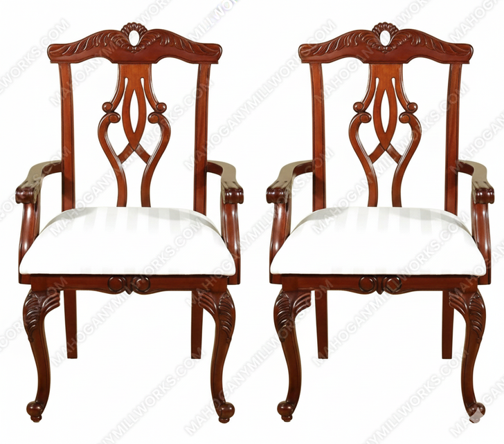 Pair 2 Cherry Chippendale Occasional Accent Arm Chairs w/ Cream Fabric