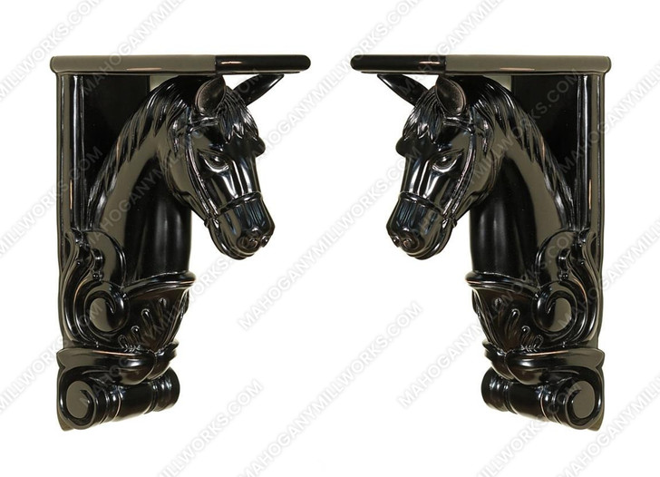 Pair of 2 Black Distressed Carved Horse Wall Sconce Corbels